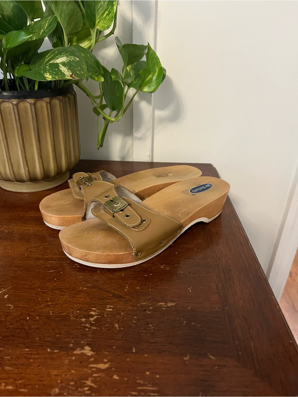 Dr. Scholl's Tan Leather Wedge Slide with Buckle